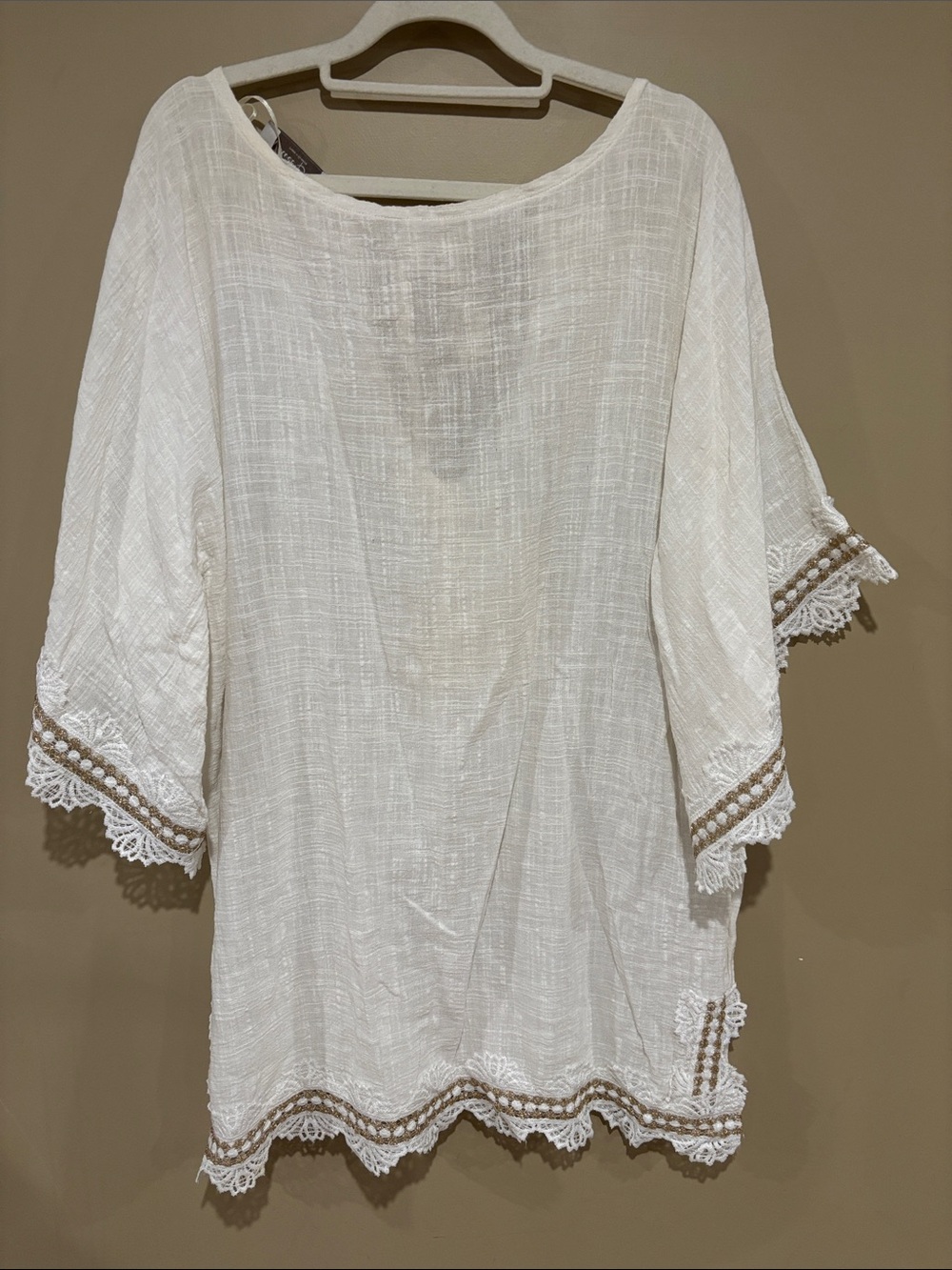 Cream and gold crochet lace bell sleeve tunic